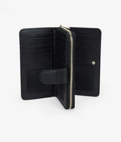 Billetero grande negro con tachas, cremallera y botón.