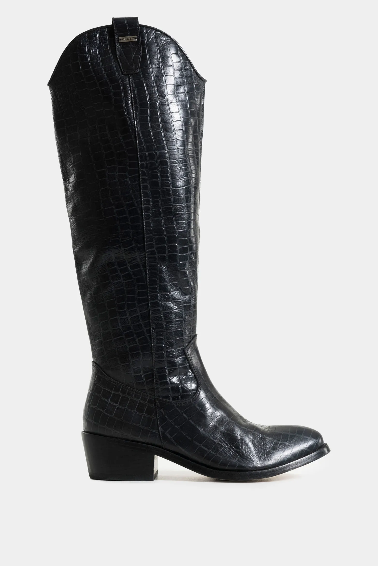 Botas amapola de cuero grabado con placa para mujer tacón rústico