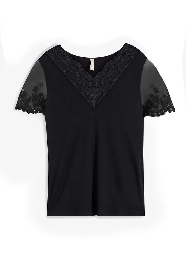 Camiseta con encaje Negro