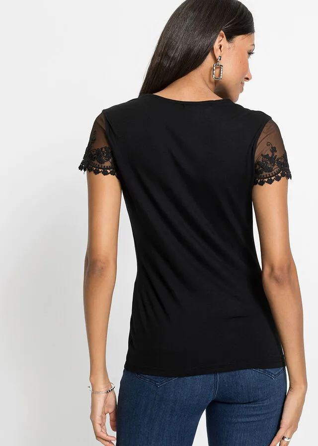 Camiseta con encaje Negro