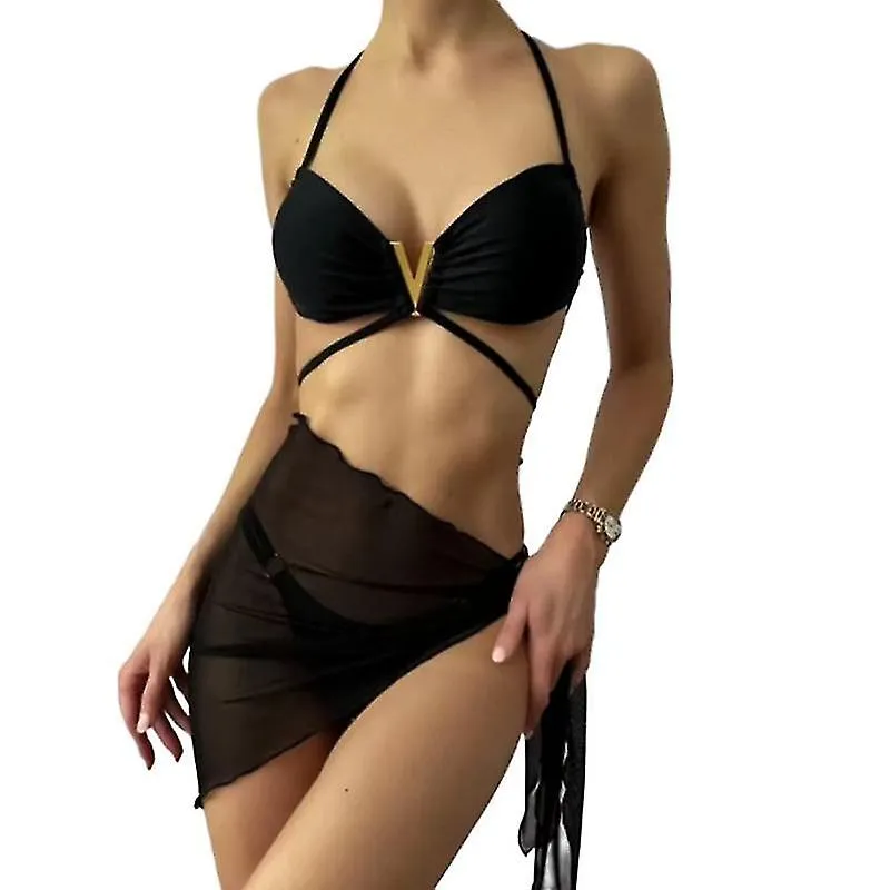 Envoltura mujer Triángulo Bikini Trajes de baño con falda de playa de malla 3 piezas Trajes de baño