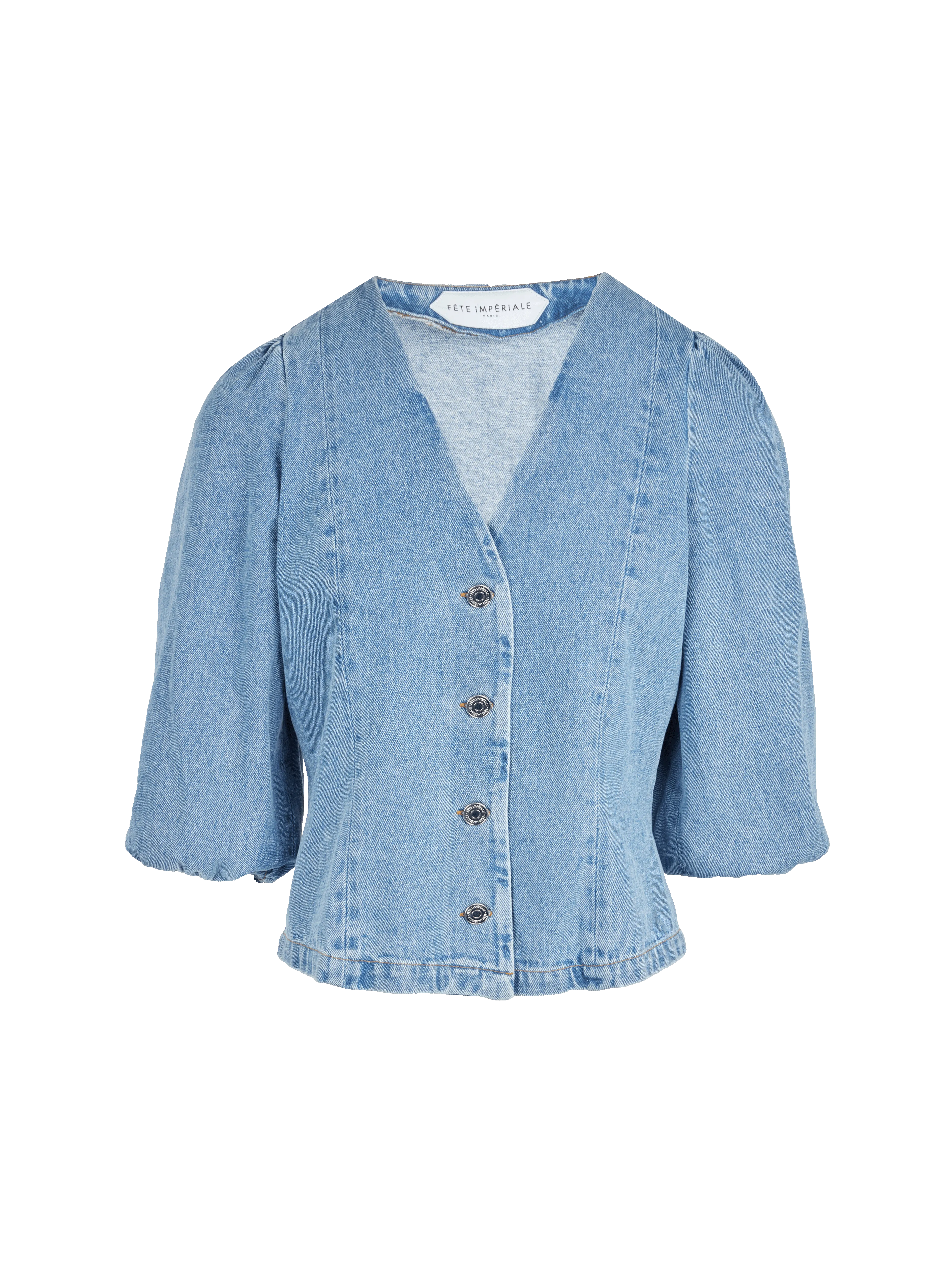 FETE IMPERIALE VICTORIA  TOP DE DENIM DE ALGODóN CON CUELLO DE PICO Y BOTONES EN AZUL