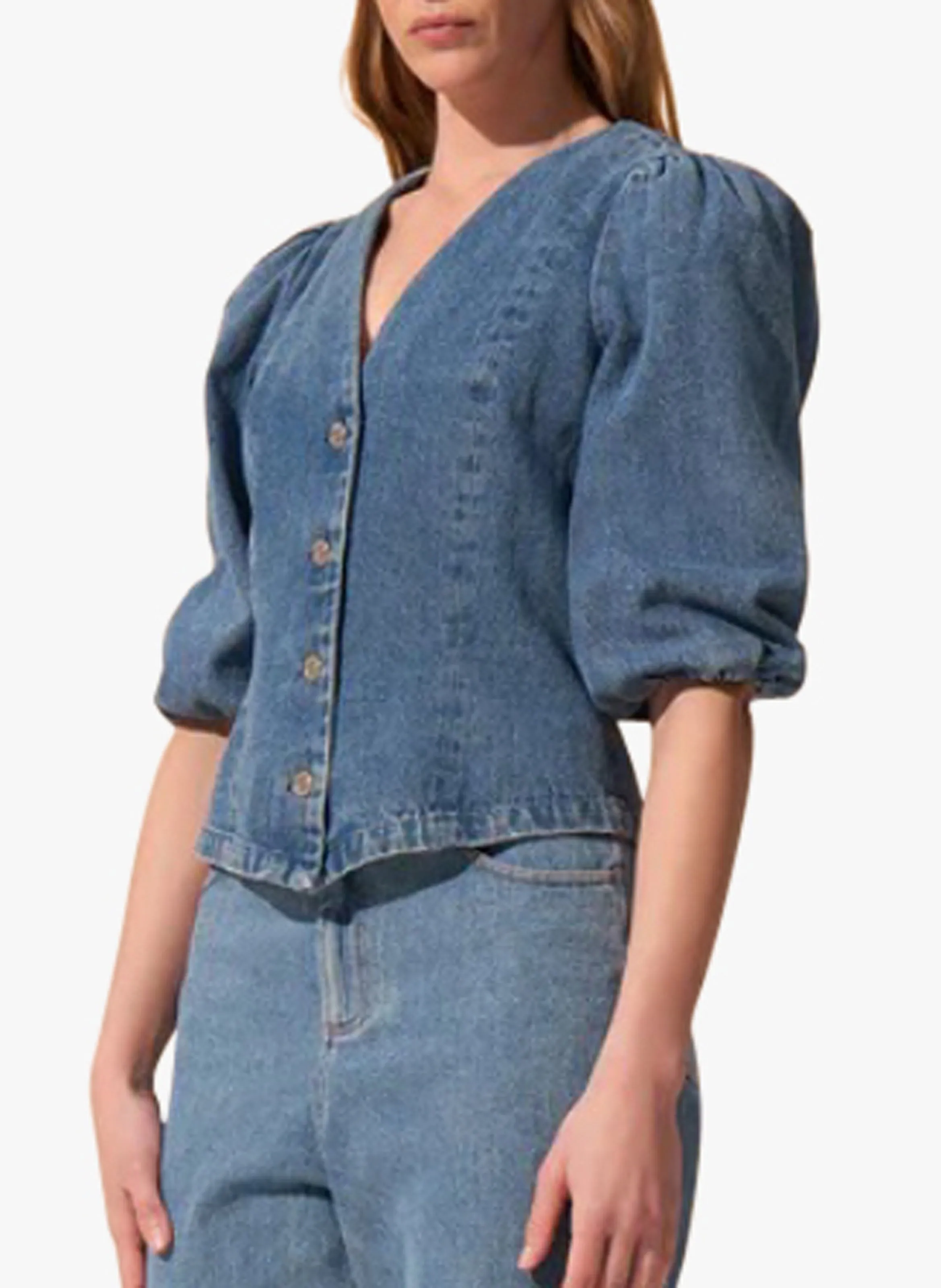 FETE IMPERIALE VICTORIA  TOP DE DENIM DE ALGODóN CON CUELLO DE PICO Y BOTONES EN AZUL