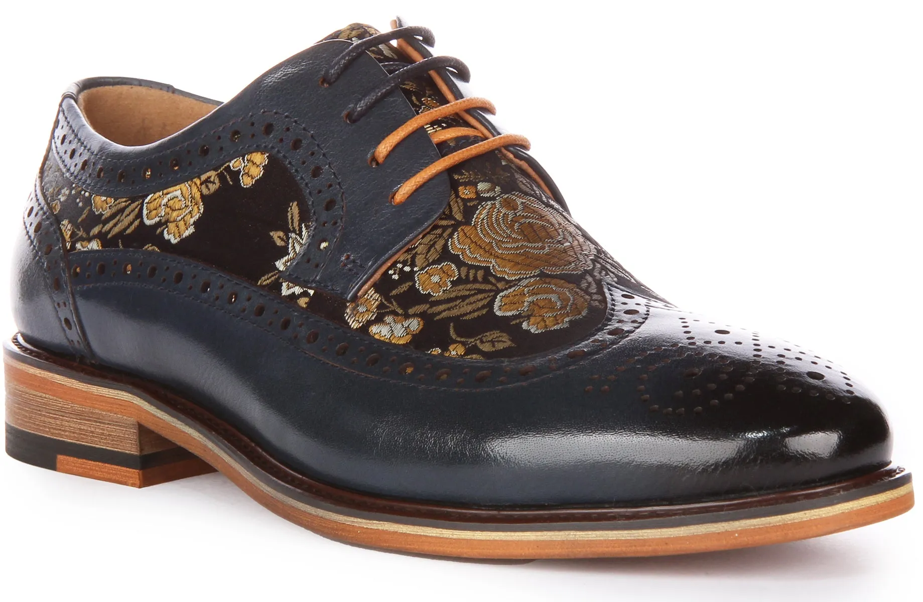 JUSTINREESS Ross W Zapatos de cordón de cuero con flores para mujer en marino