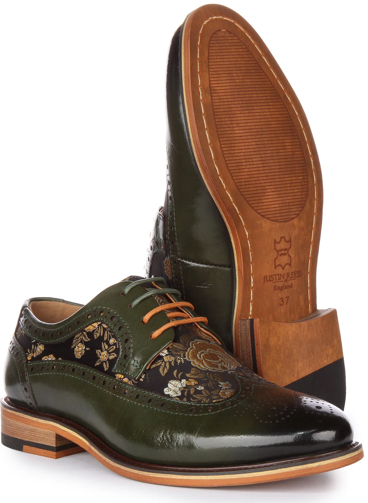 JUSTINREESS Ross W Zapatos de cordón de cuero con flores para mujer en marino