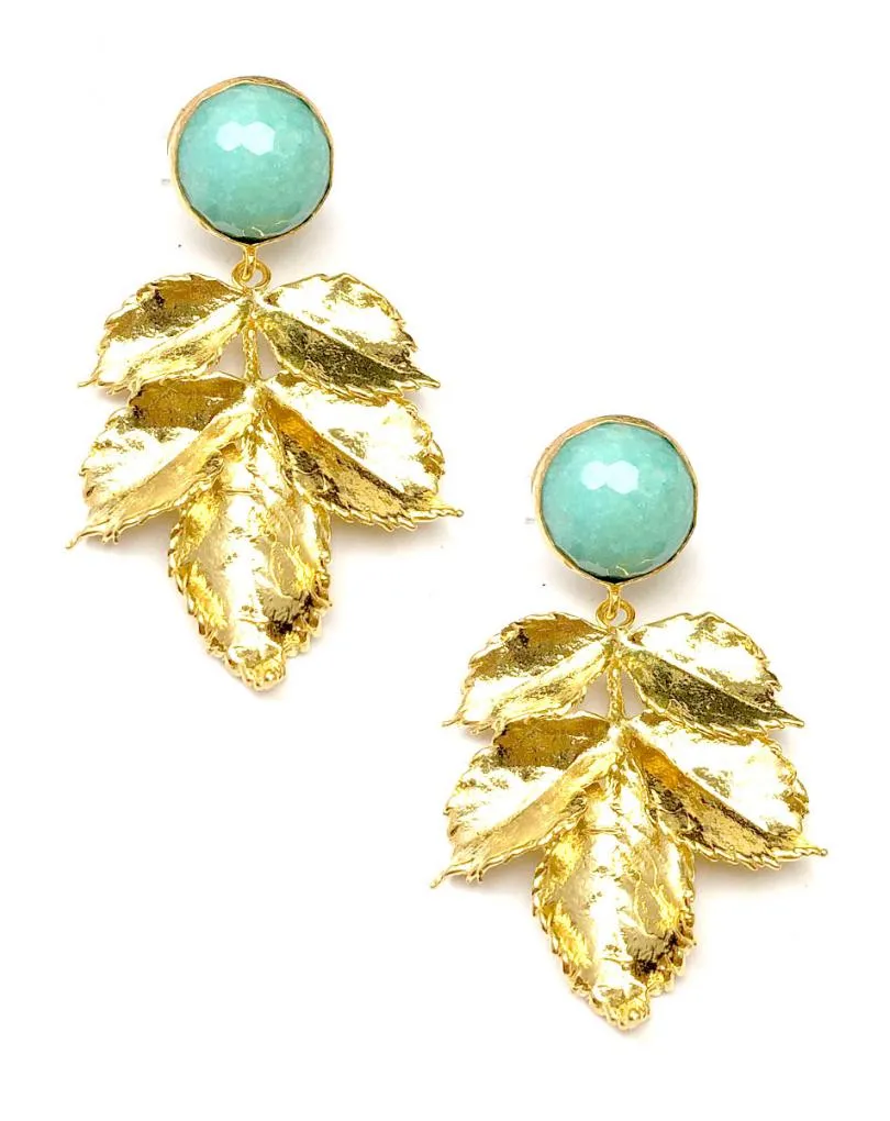 Largos pendientes mujer dorado y piedra verde agua, pendientes de moda