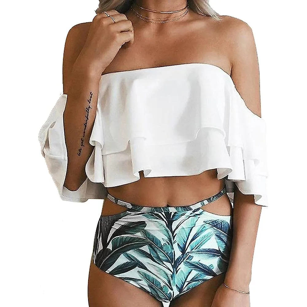 Mujer Traje de baño de dos piezas Bikini de cintura alta off shoulder Ruffle Trajes de baño