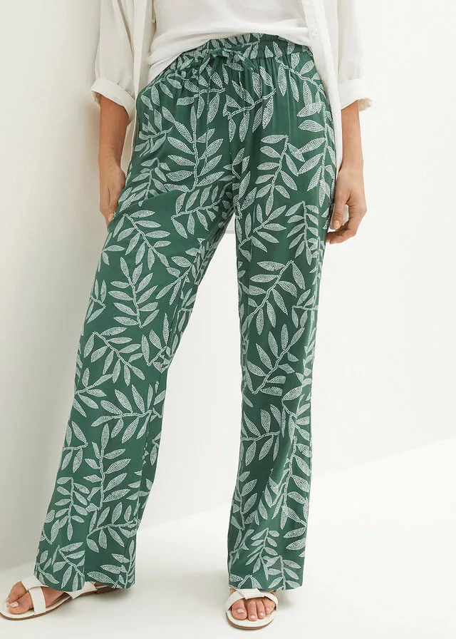 PANTALóN TIPO PALAZZO DE VISCOSA SOSTENIBLE CON ESTAMPADO VERDE OSCUROBLANCO ESTAMPADO