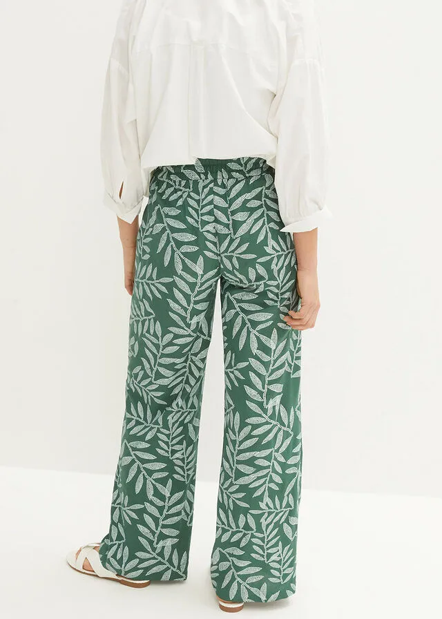 PANTALóN TIPO PALAZZO DE VISCOSA SOSTENIBLE CON ESTAMPADO VERDE OSCUROBLANCO ESTAMPADO