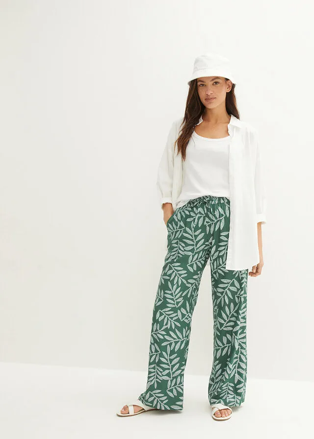 PANTALóN TIPO PALAZZO DE VISCOSA SOSTENIBLE CON ESTAMPADO VERDE OSCUROBLANCO ESTAMPADO