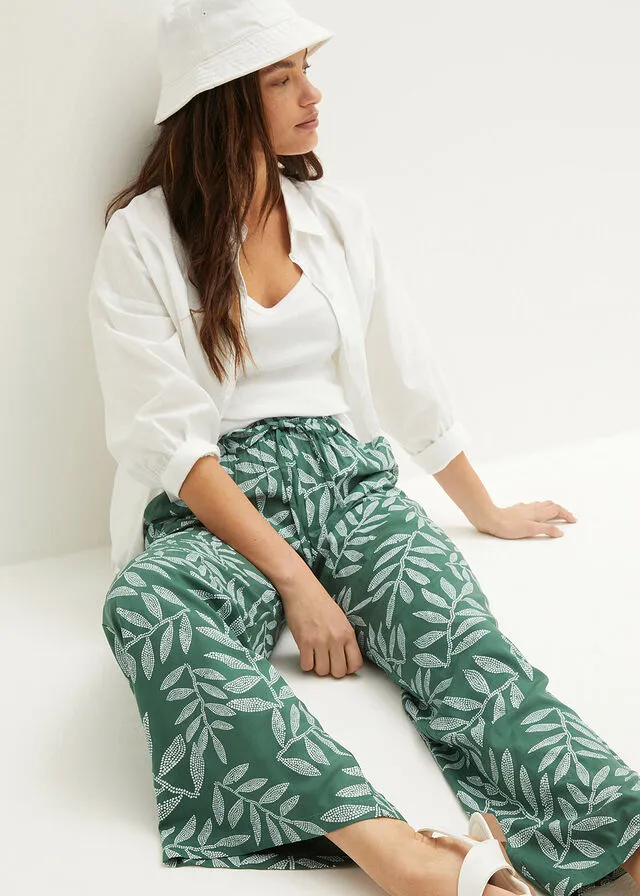 PANTALóN TIPO PALAZZO DE VISCOSA SOSTENIBLE CON ESTAMPADO VERDE OSCUROBLANCO ESTAMPADO
