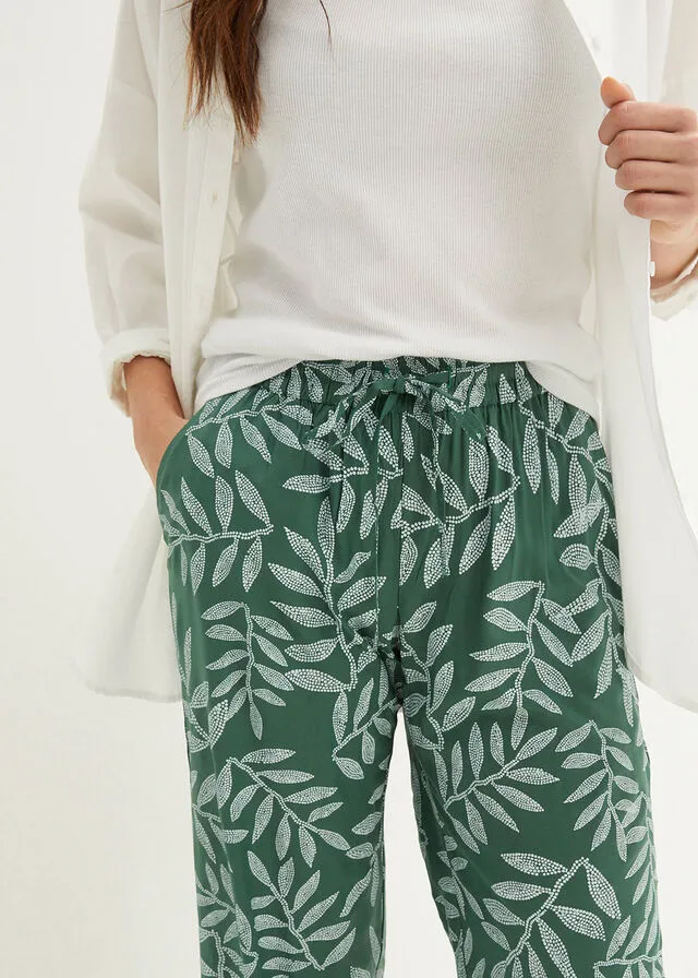 PANTALóN TIPO PALAZZO DE VISCOSA SOSTENIBLE CON ESTAMPADO VERDE OSCUROBLANCO ESTAMPADO