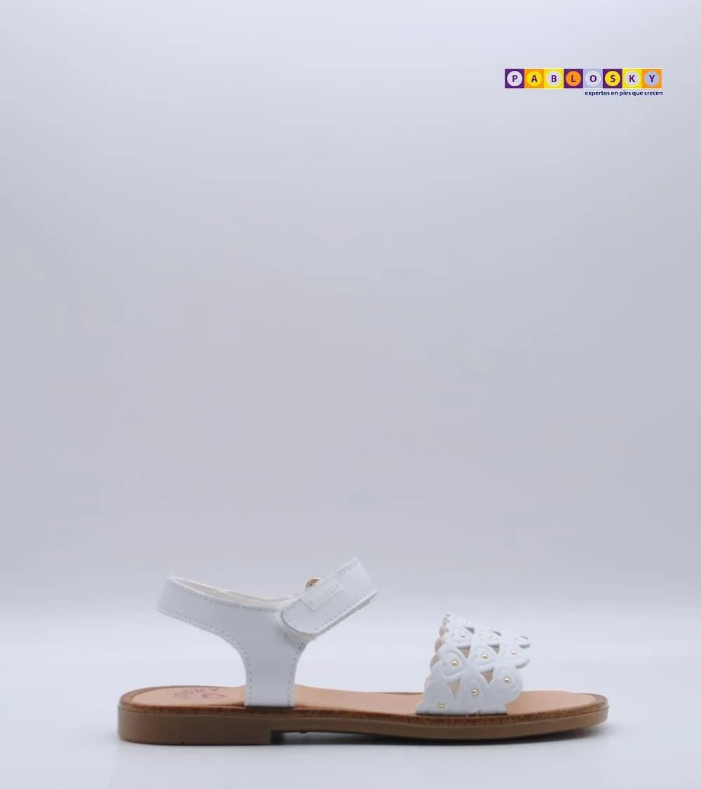 SANDALIA PABLOSKY VELCRO PIEL BLANCA CORAZONES
