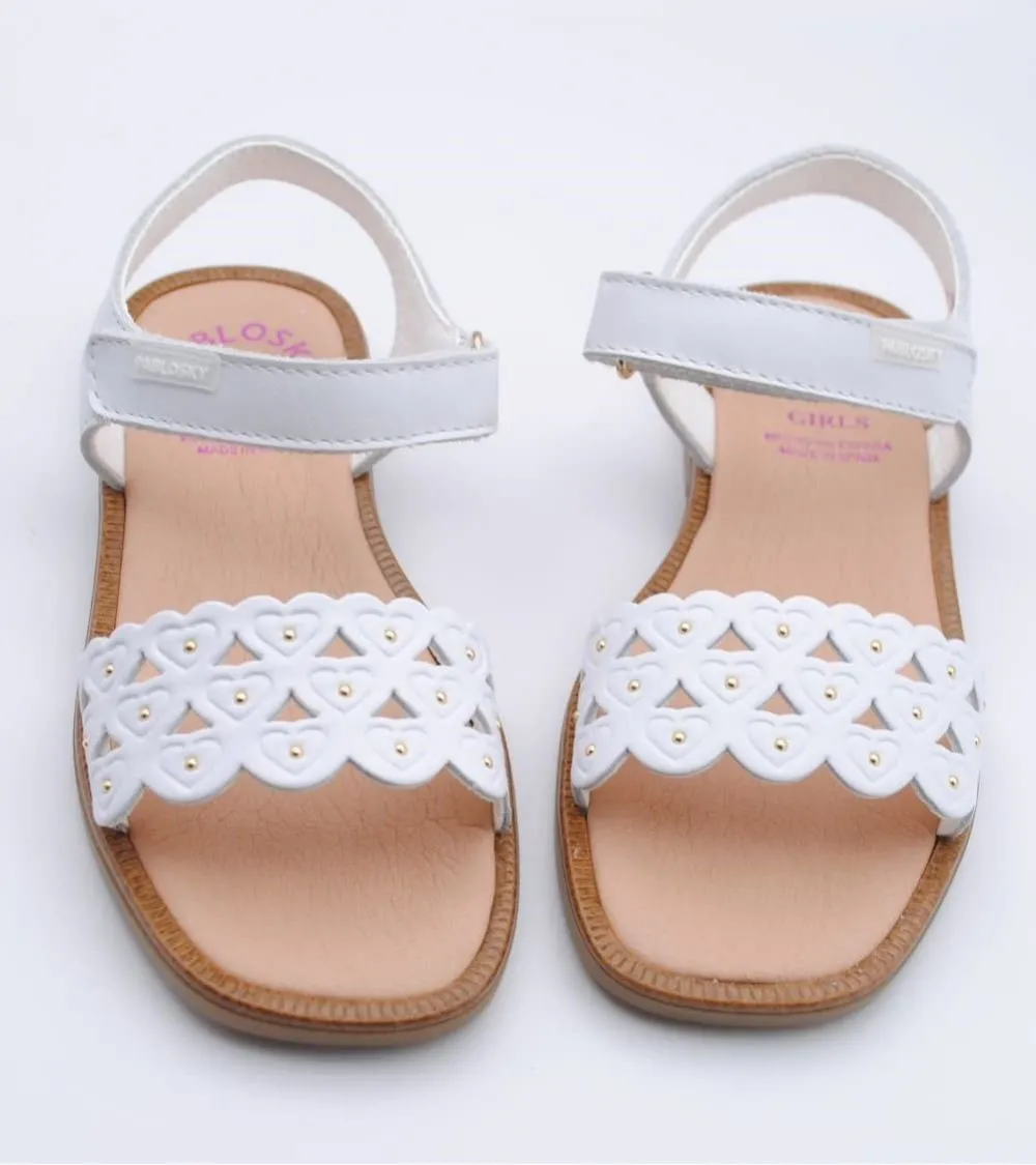 SANDALIA PABLOSKY VELCRO PIEL BLANCA CORAZONES