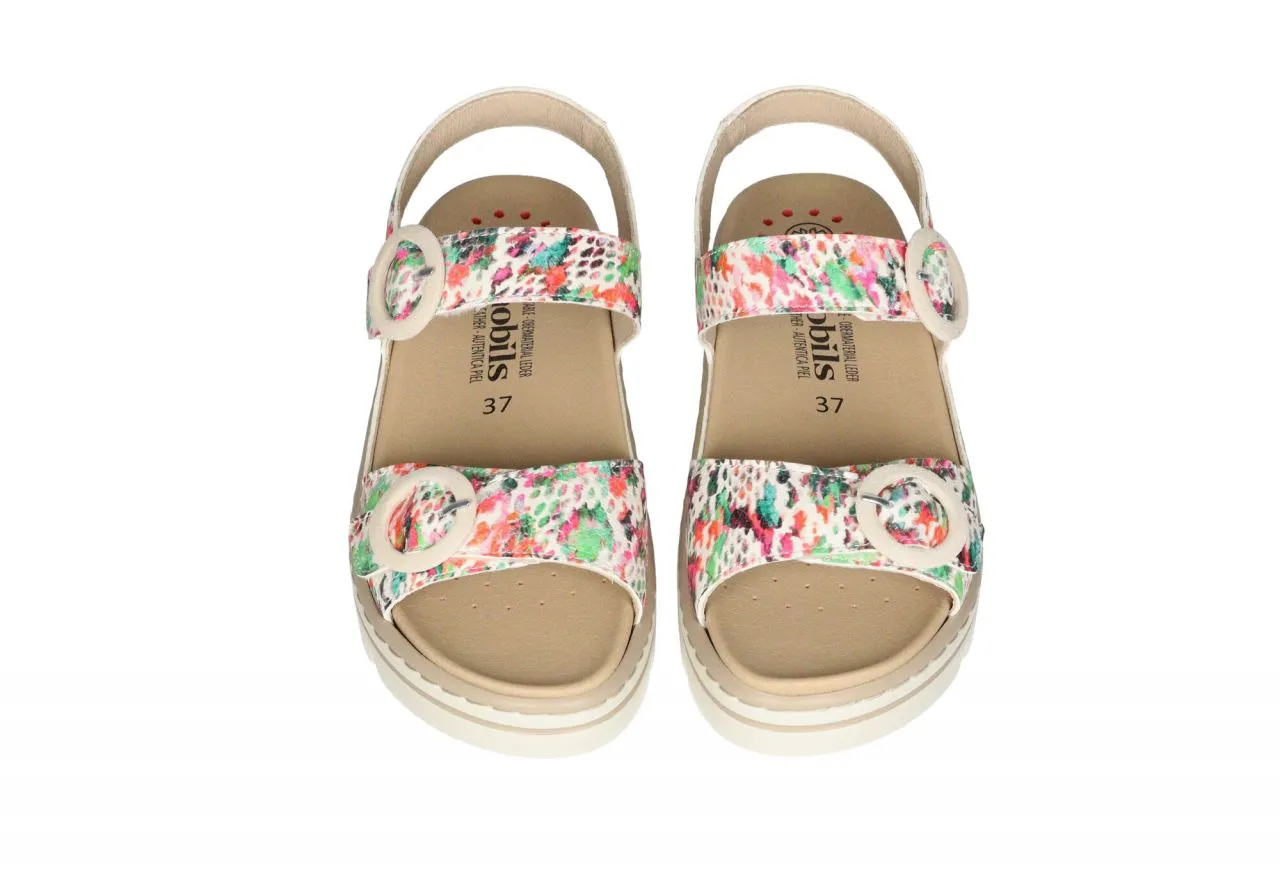 Sandalia Piel Serpi Multicolor 3 Tiras 3 Velcros Hebillas CuÑa Baja