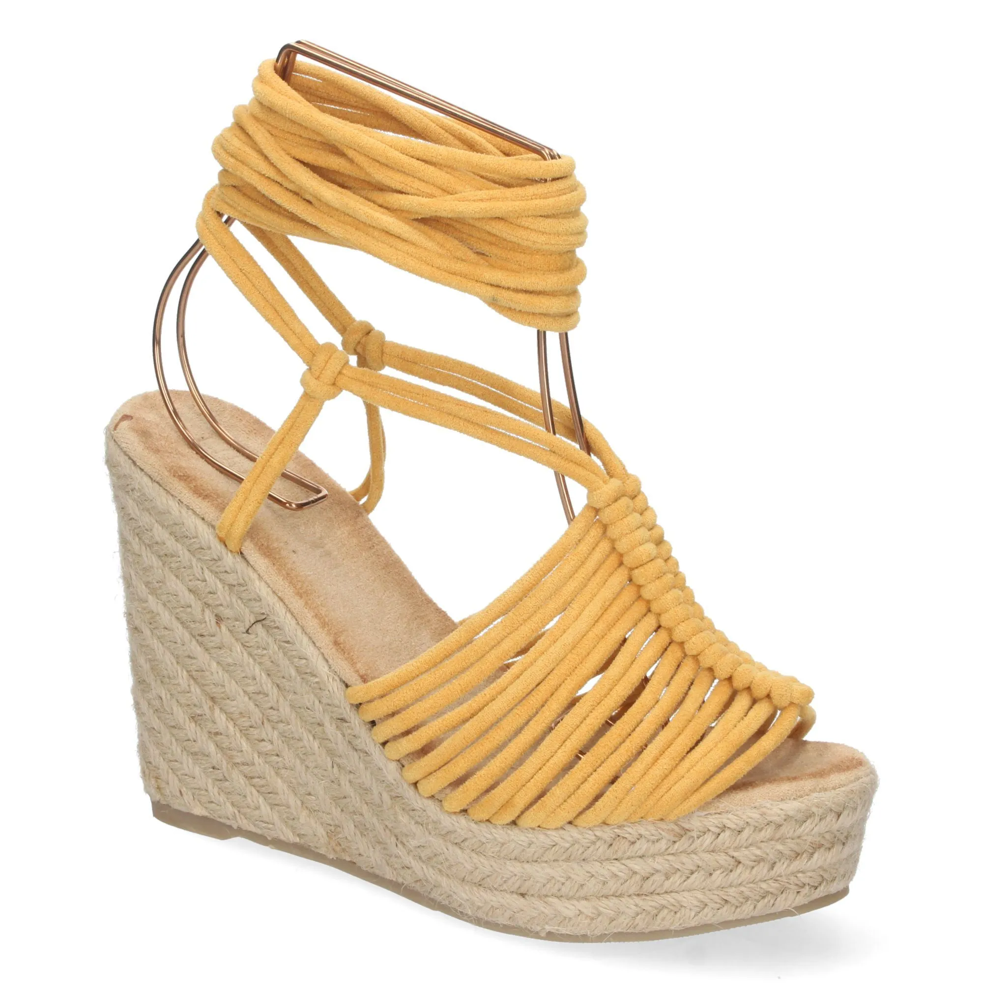 Sandalias de cuña forrada de yute diseño tiras color amarillo