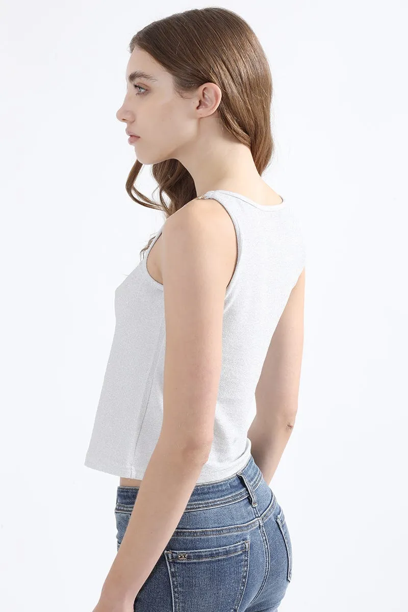 TOP LUREX, HERRAJE DE METAL EN HOMBROS, PLATEADO