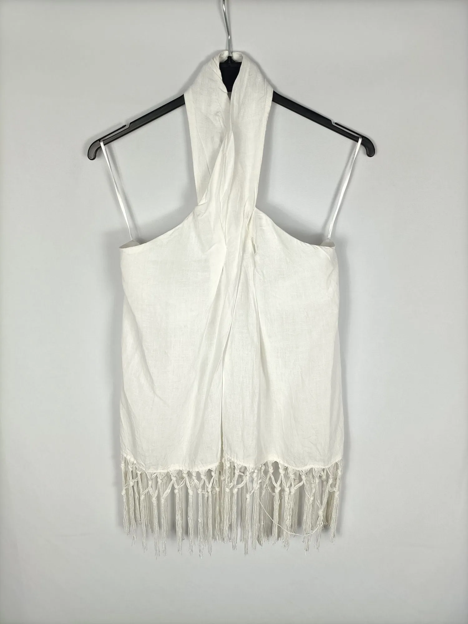 ZARA. Top blanco lino flecos T.xs