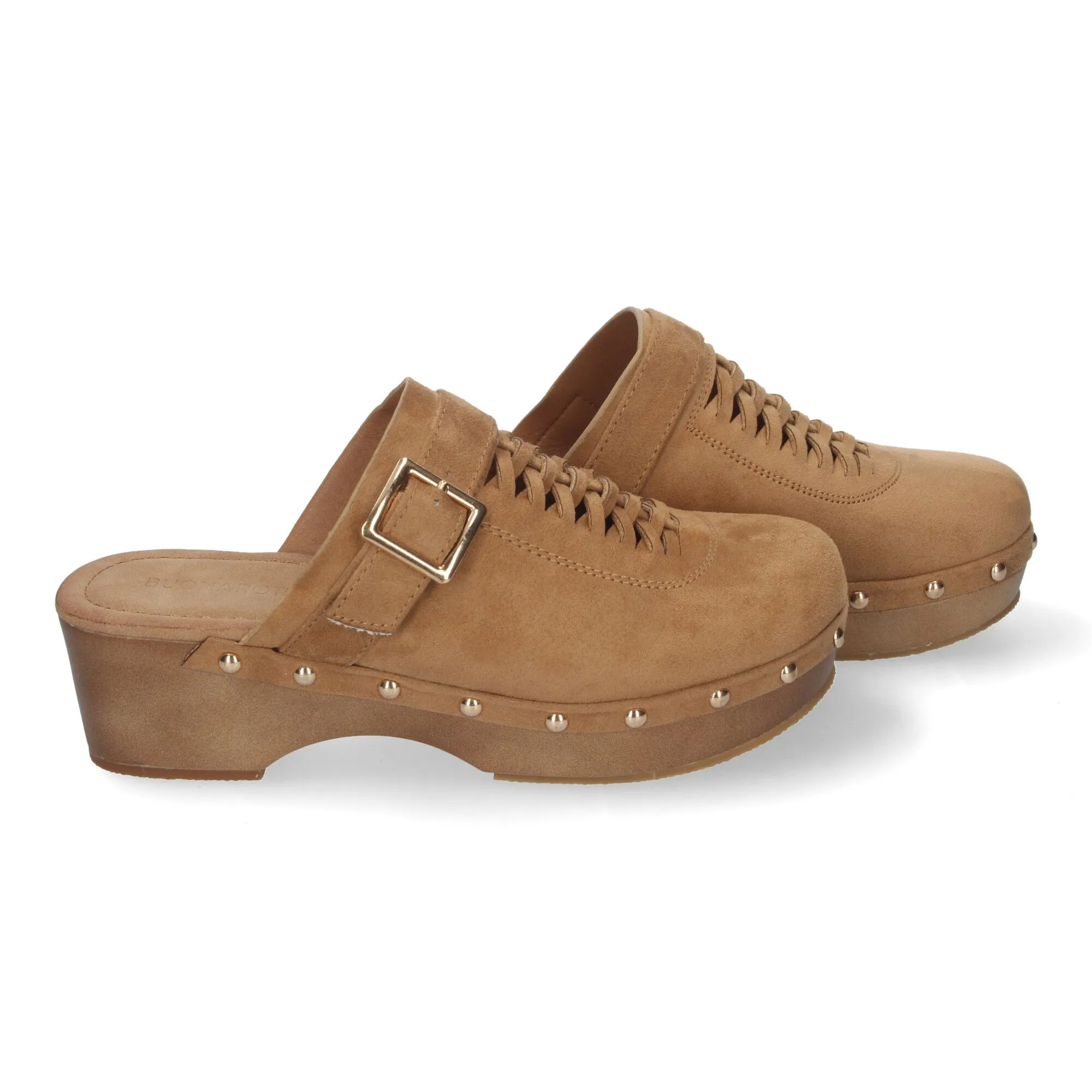 ZUECOS DE TACóN Y PLATAFORMA PALA HEBILLA Y TACHUELAS MUJER COLOR CAMEL DB3241